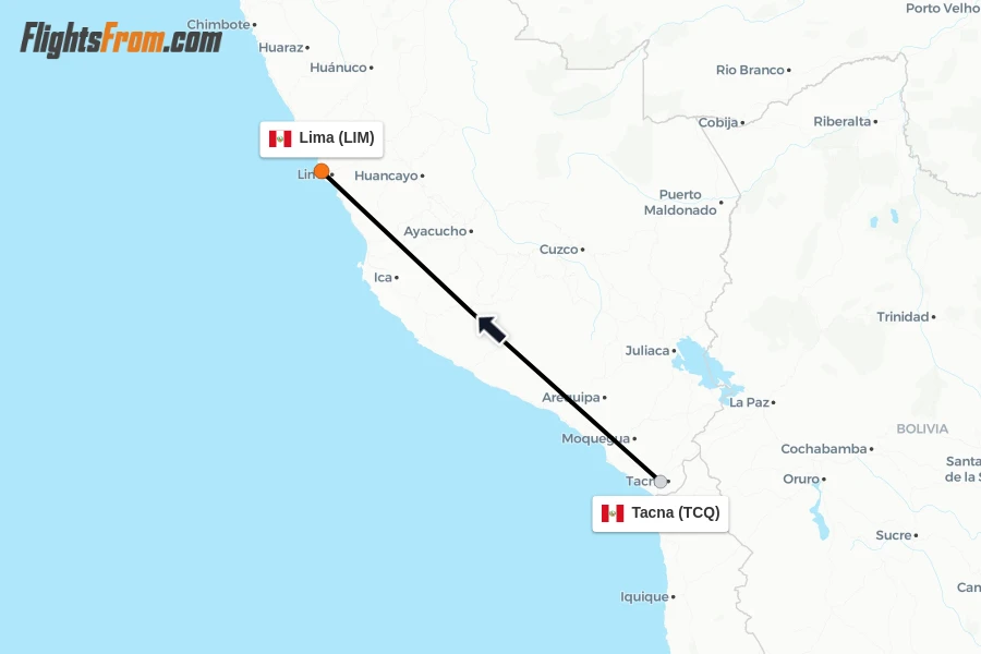 Flights from Tacna to Lima route map