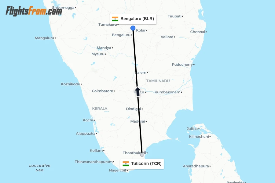 Flights from Tuticorin to Bengaluru route map
