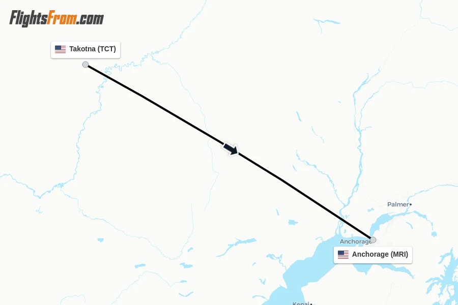 Flights from Takotna to Anchorage route map