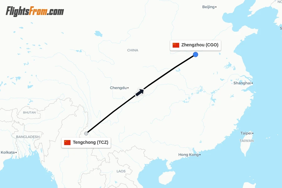 Flights from Tengchong to Zhengzhou route map