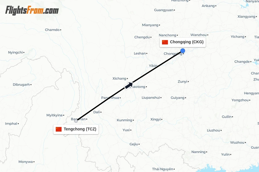 Flights from Tengchong to Chongqing route map