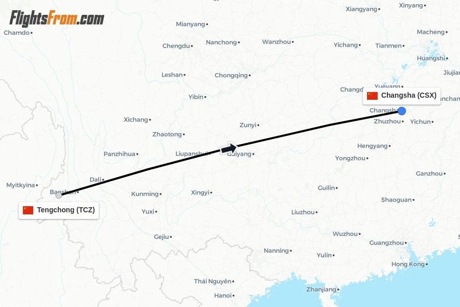 Flights from Tengchong to Changsha route map