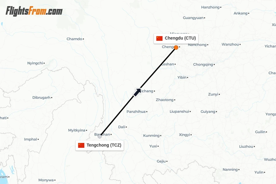 Flights from Tengchong to Chengdu route map