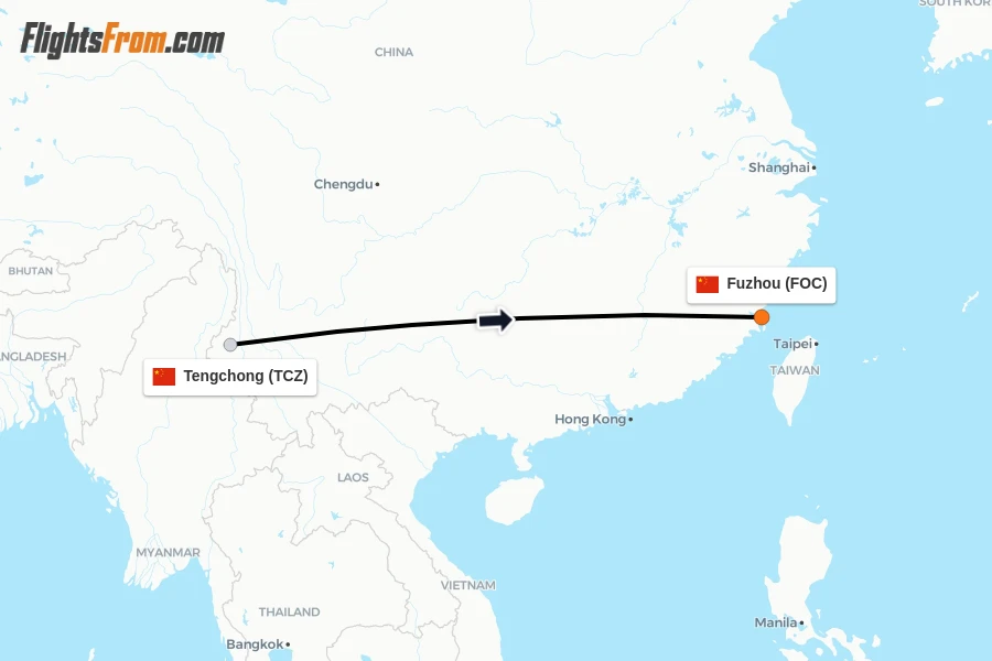 Flights from Tengchong to Fuzhou route map