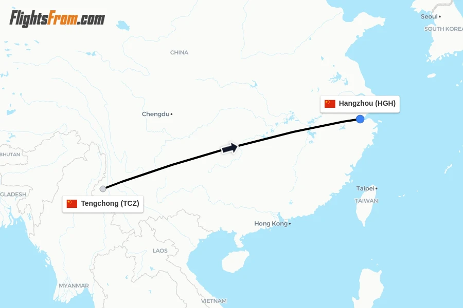 Flights from Tengchong to Hangzhou route map