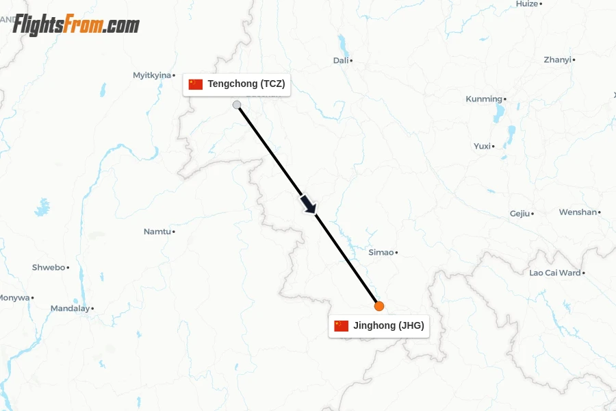 Flights from Tengchong to Jinghong route map