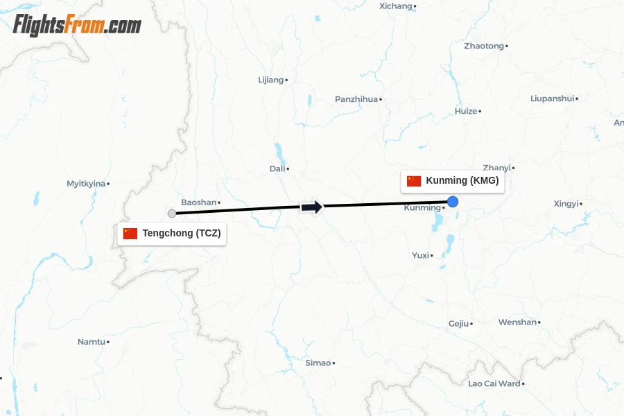 Flights from Tengchong to Kunming route map