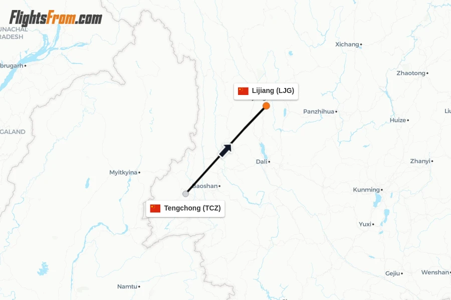 Flights from Tengchong to Lijiang route map