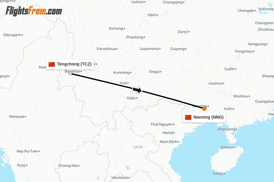 Flights from Tengchong to Nanning route map