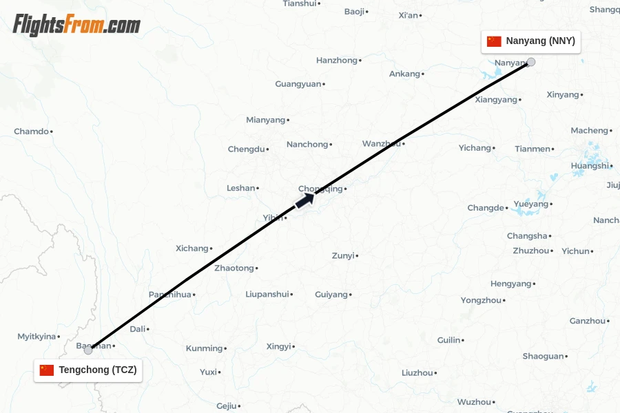 Flights from Tengchong to Nanyang route map