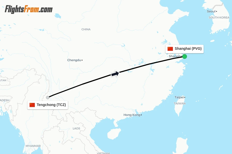 Flights from Tengchong to Shanghai route map
