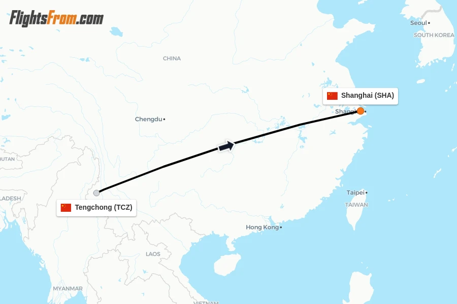 Flights from Tengchong to Shanghai route map