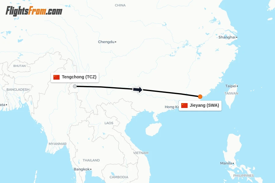 Flights from Tengchong to Jieyang route map