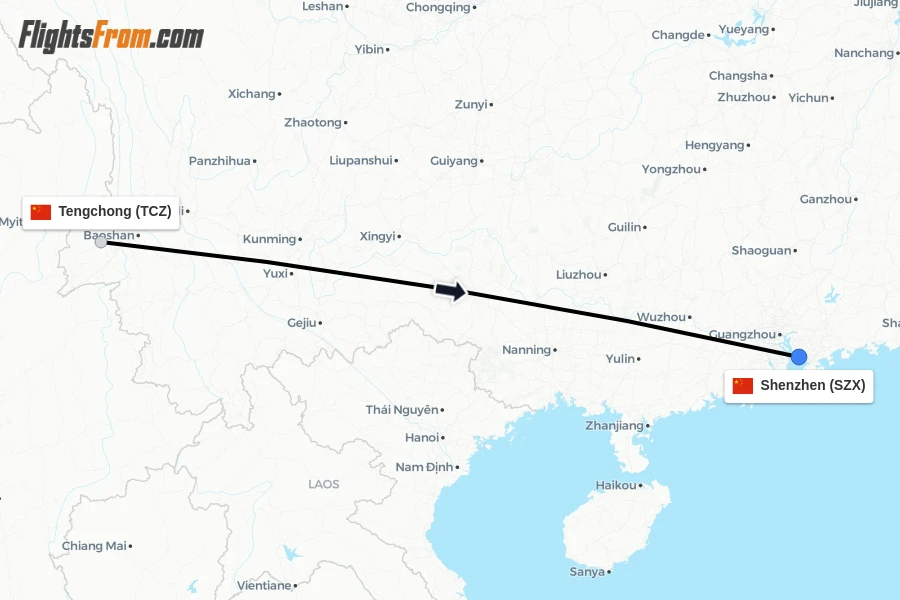 Flights from Tengchong to Shenzhen route map