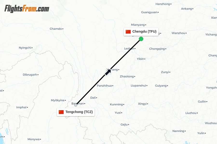 Flights from Tengchong to Chengdu route map