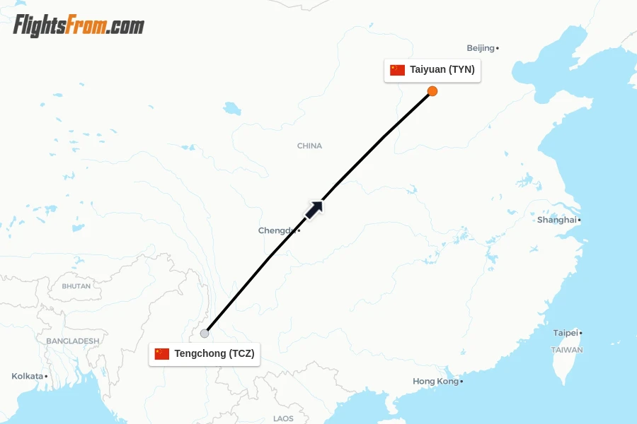 Flights from Tengchong to Taiyuan route map