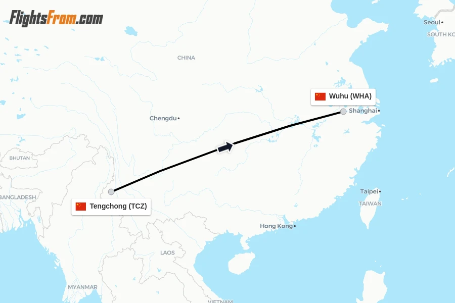 Flights from Tengchong to Wuhu route map