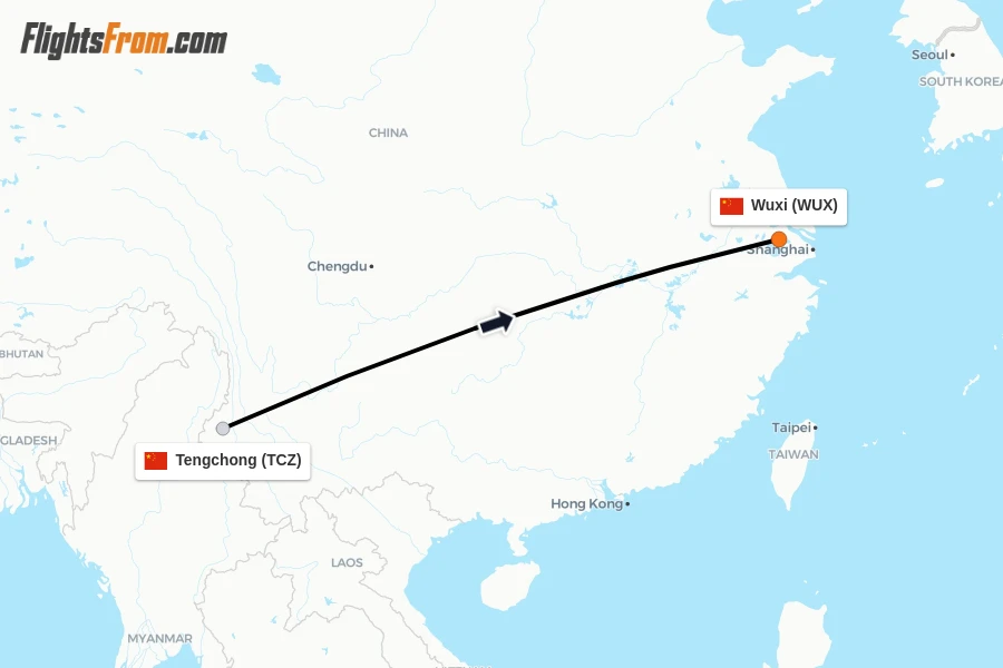 Flights from Tengchong to Wuxi route map