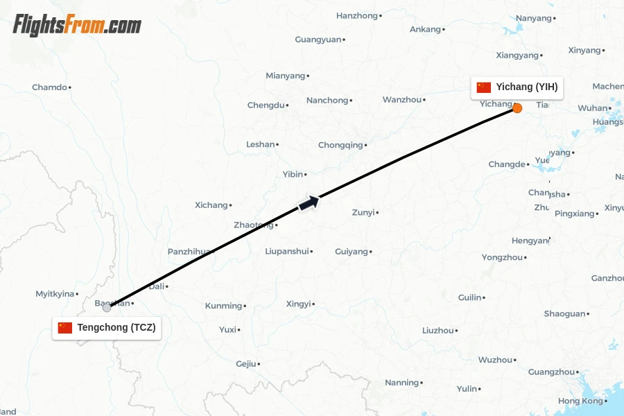Flights from Tengchong to Yichang route map