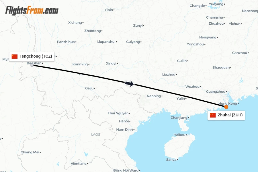 Flights from Tengchong to Zhuhai route map