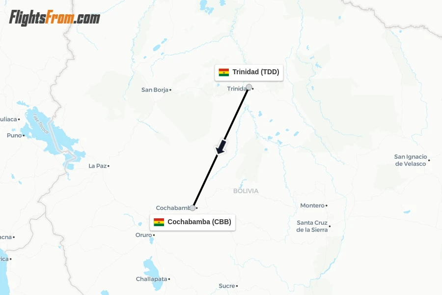 Flights from Trinidad to Cochabamba route map