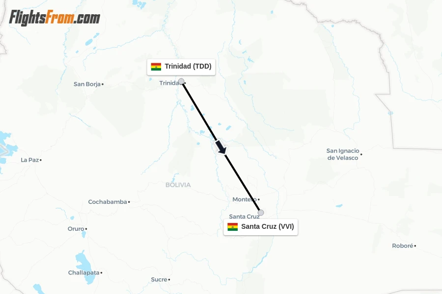 Flights from Trinidad to Santa Cruz route map