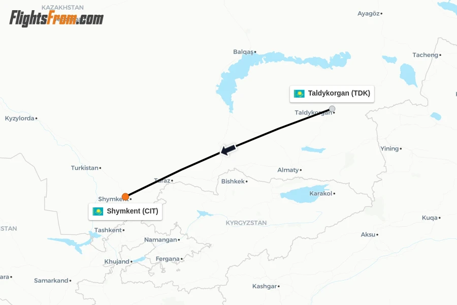 Flights from Taldykorgan to Shymkent route map