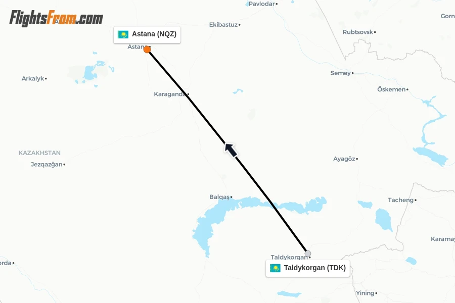 Flights from Taldykorgan to Astana route map