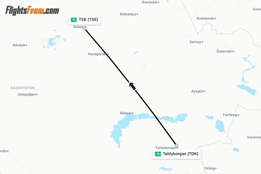 Flights from Taldykorgan to TSE route map