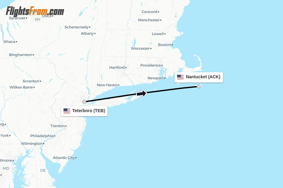Flights from Teterboro to Nantucket route map
