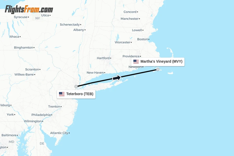 Flights from Teterboro to Martha's Vineyard route map