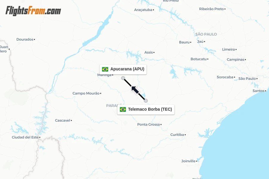 Flights from Telemaco Borba to Apucarana route map