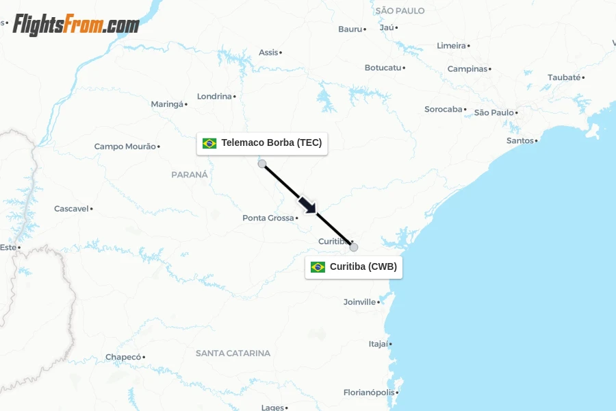 Flights from Telemaco Borba to Curitiba route map