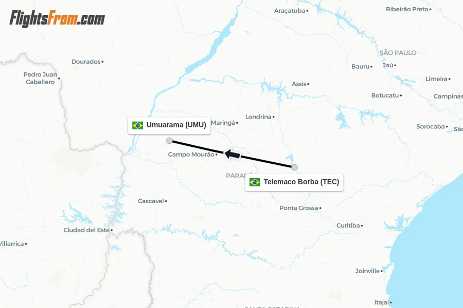 Flights from Telemaco Borba to Umuarama route map