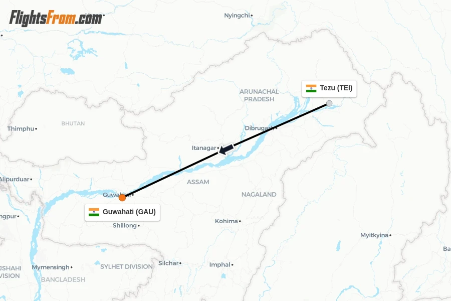 Flights from Tezu to Guwahati route map