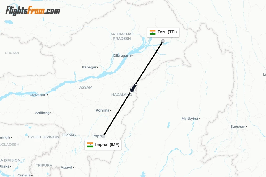 Flights from Tezu to Imphal route map