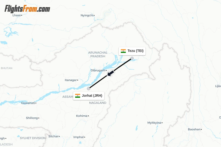 Flights from Tezu to Jorhat route map