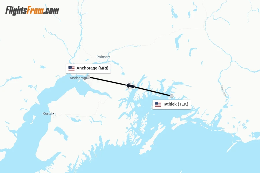 Flights from Tatitlek to Anchorage route map