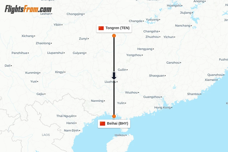 Flights from Tongren to Beihai route map