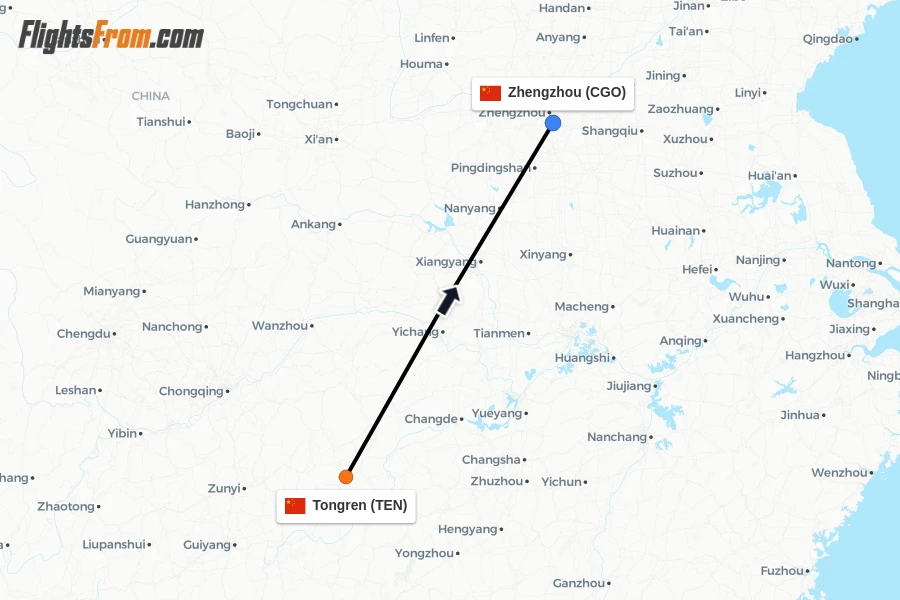 Flights from Tongren to Zhengzhou route map