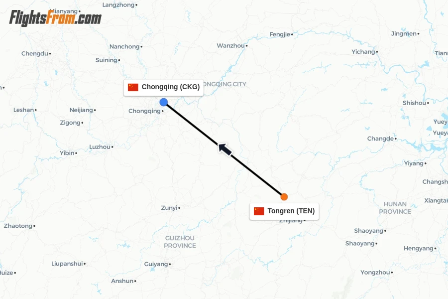 Flights from Tongren to Chongqing route map