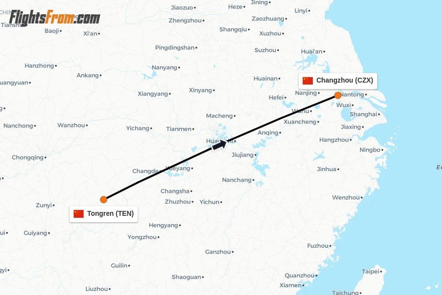 Flights from Tongren to Changzhou route map