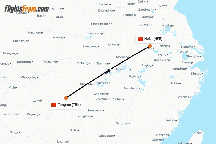 Flights from Tongren to Hefei route map
