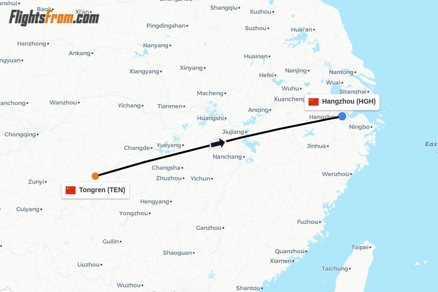 Flights from Tongren to Hangzhou route map