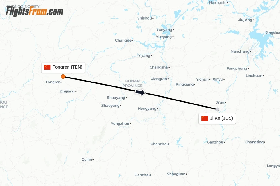 Flights from Tongren to Ji'An route map