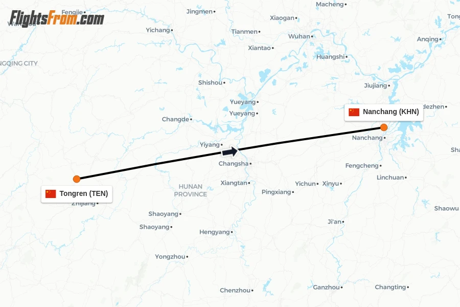 Flights from Tongren to Nanchang route map
