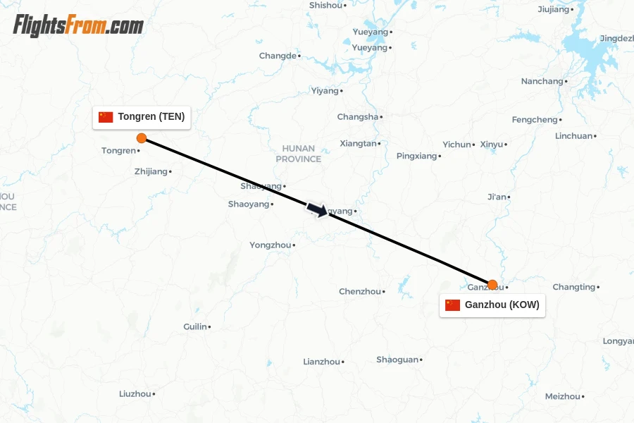 Flights from Tongren to Ganzhou route map