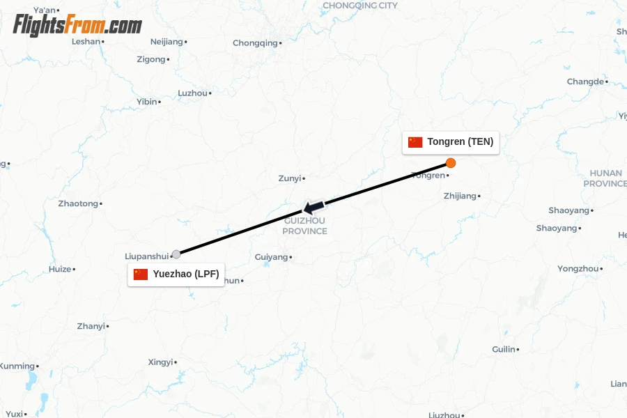 Flights from Tongren to Yuezhao route map