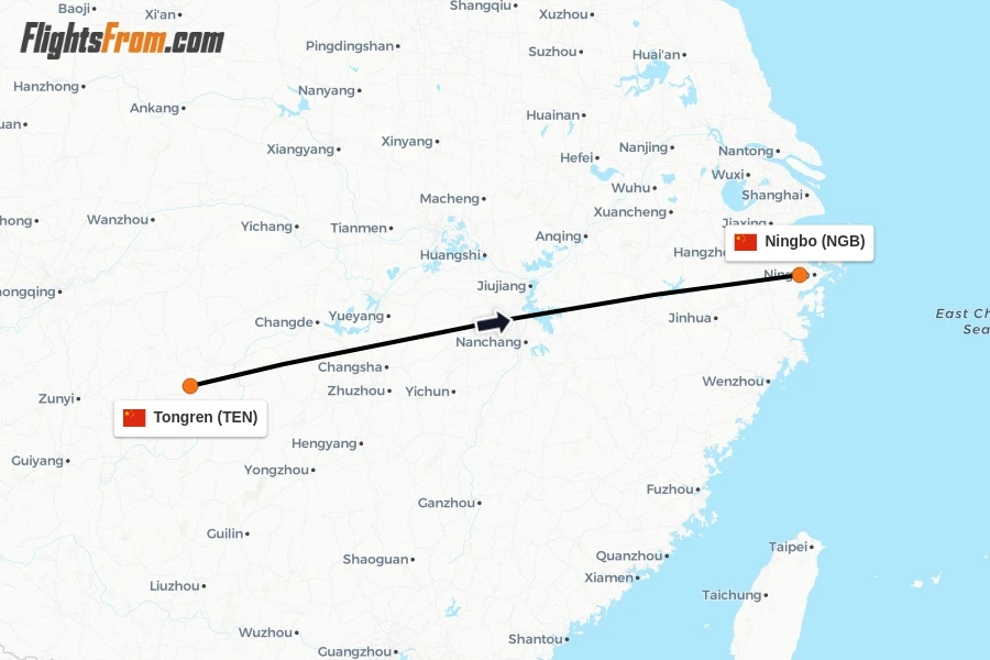 Flights from Tongren to Ningbo route map