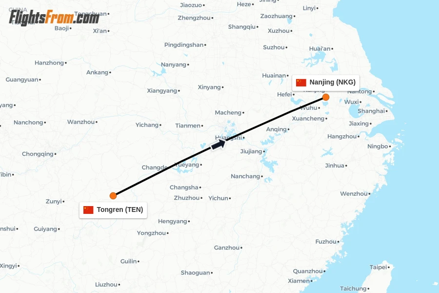 Flights from Tongren to Nanjing route map
